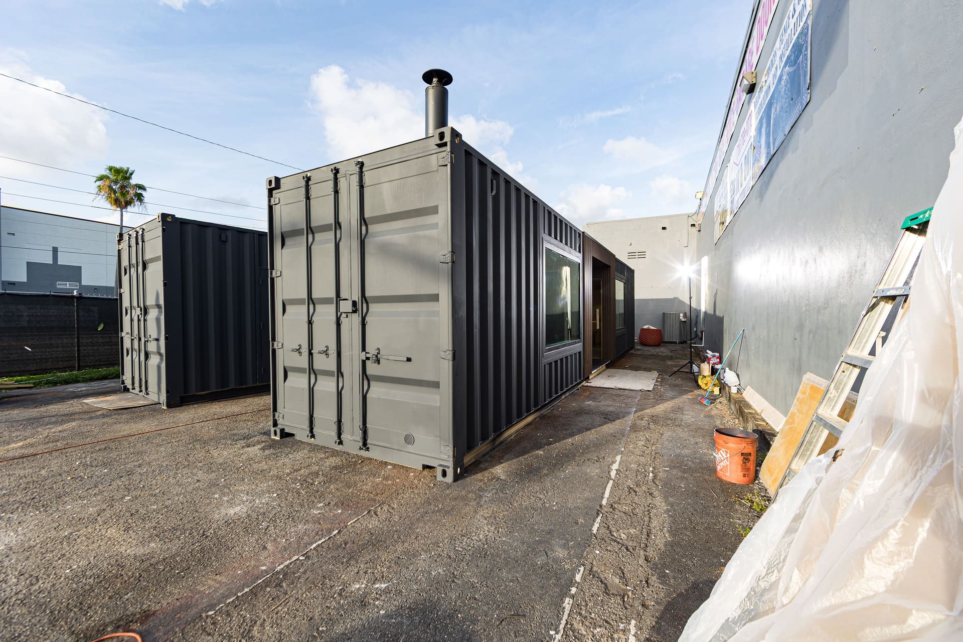 The Oasis sauna container being fabricated in Miami.